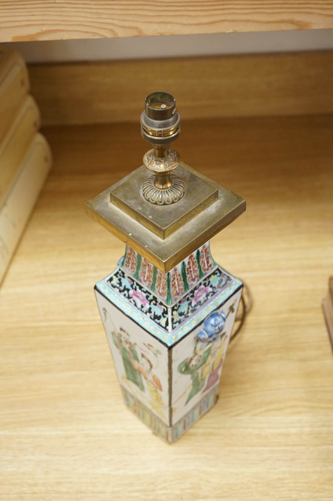 A Chinese famille rose square vase, early 20th century, mounted as a lamp, 37cm high not including light fitting.